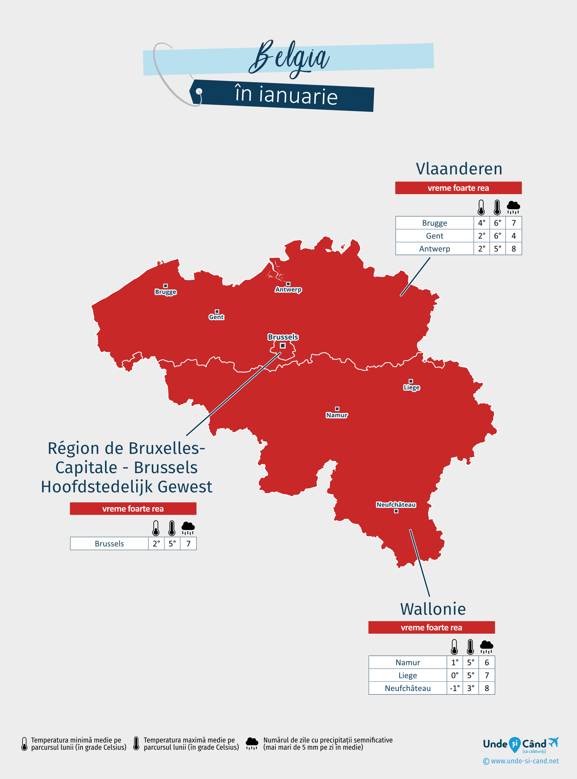 Belgia: harta vremii în luna ianuarie în diferite regiuni