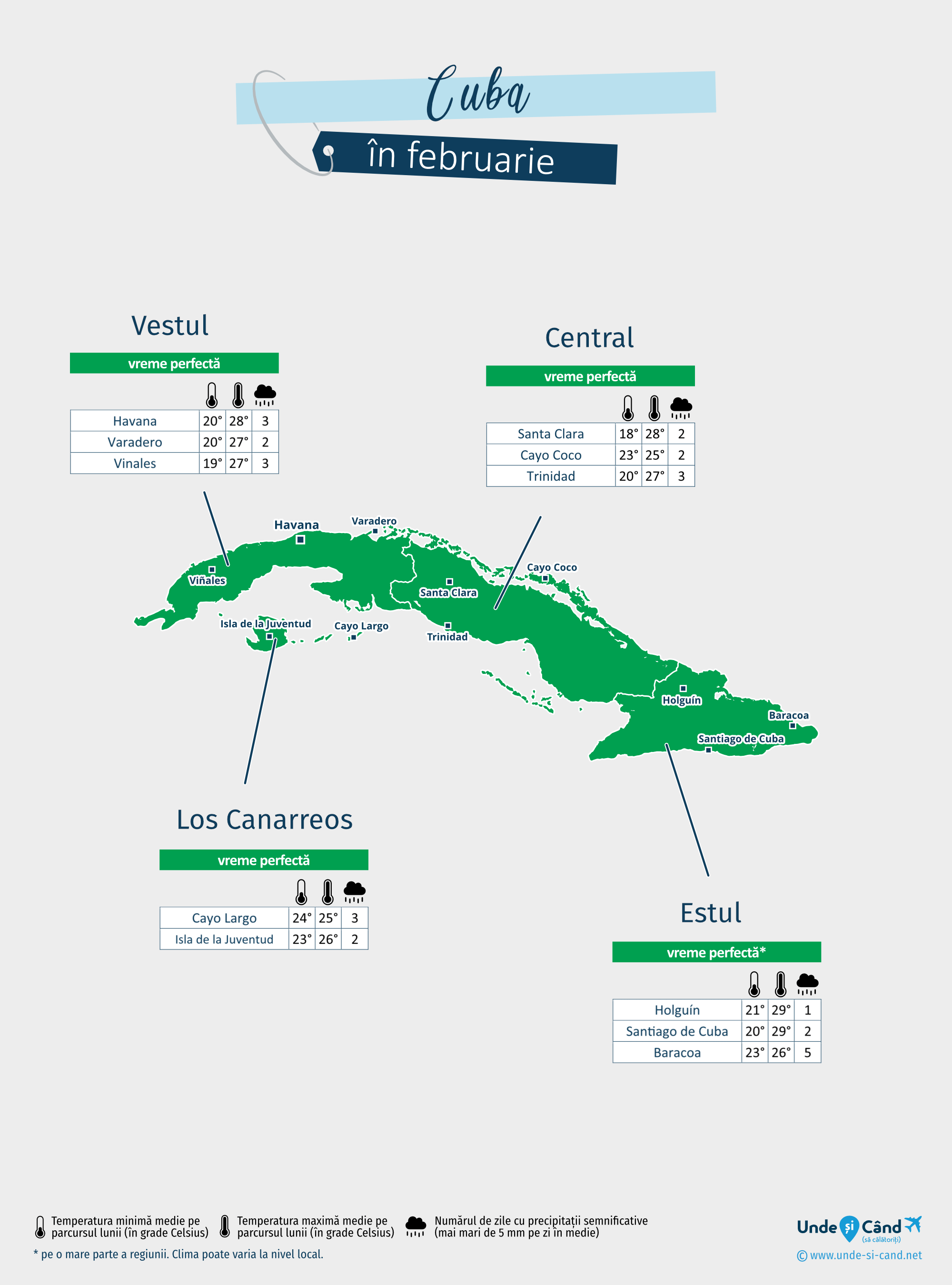 Cuba: harta vremii în luna februarie în diferite regiuni